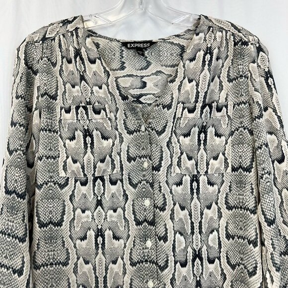 Express Womens Button Front Shirt Gray Snake Print Long Sleeve Cuff Blouse XS - Picture 2 of 11